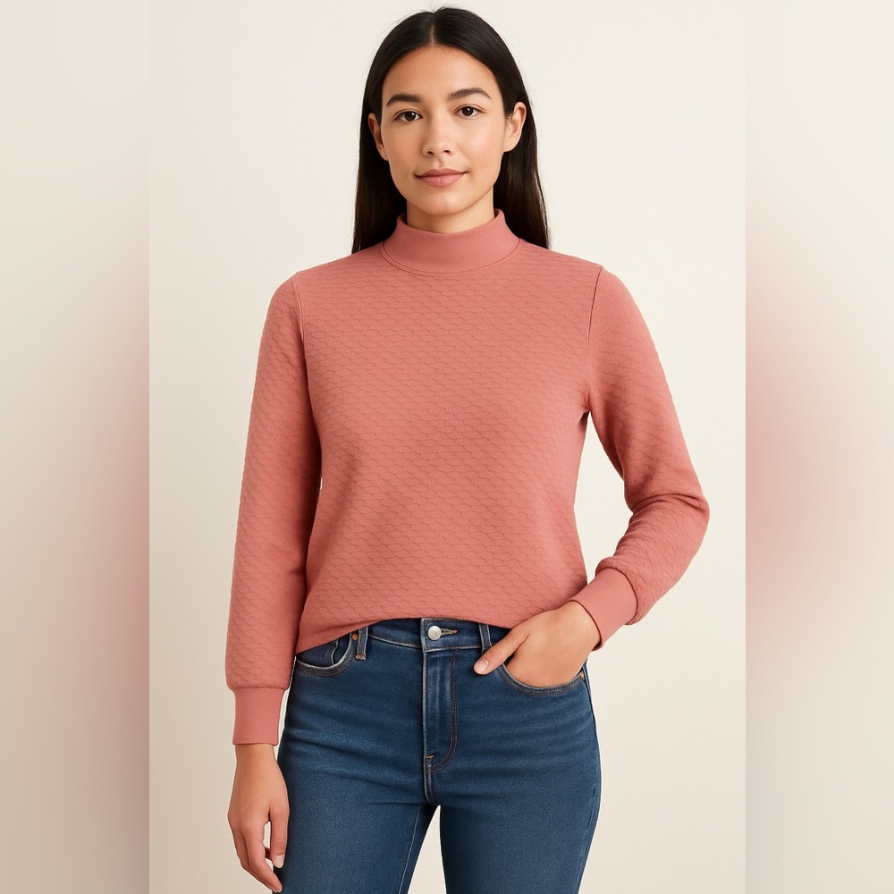 J.Crew Textured Mock Neck Waffle Knit Top Small Pink Blush Cotton Blend Pullover - Picture 1 of 11